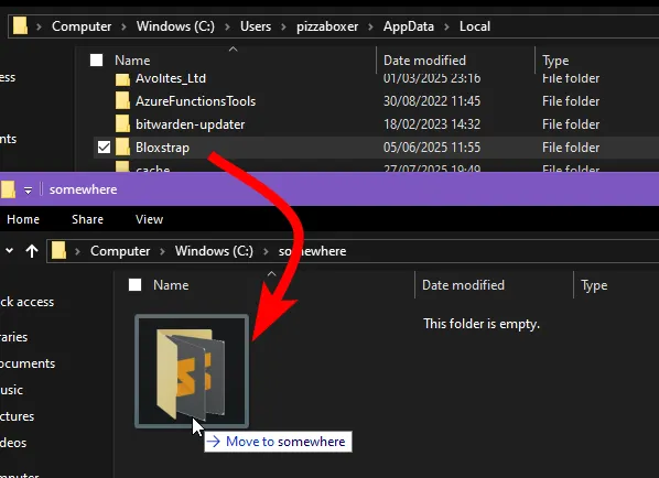 Screenshot showing the Bloxstrap folder from %localappdata% being dragged to another folder