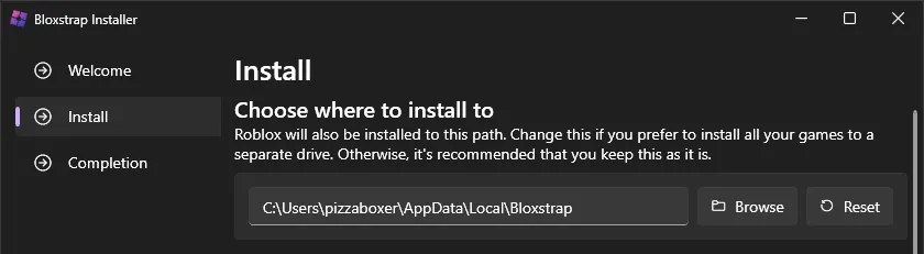 SCreenshot showing the Bloxstrap Installer asking the user to &#x27;choose where to install to&#x27;