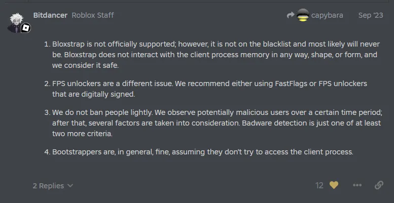 A screenshot of the Roblox Devforum comment at the source link stated above