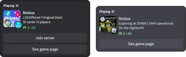 Screenshots showing Roblox games being shown under a Discord profile