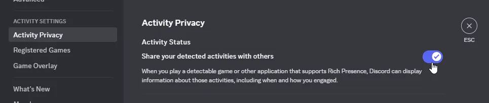 A screenshot of the Discord settings menu in the 'Activity Privacy' submenu showing that the 'Share your detected activities with others' option needs to be enabled