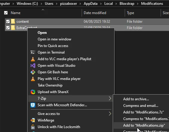 Image showing right-clicking on selected files in the Modifications folder and choosing 7-zip > Add to "Modifications.zip"