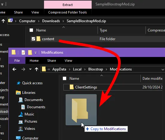 Image showing a .zip archive being extracted into the Mods folder