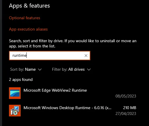 Screenshot of the Windows Settings app in &#x27;Apps &#x26; Features&#x27;, showing &#x27;Microsoft Windows Desktop Runtime - 6.0.16&#x27;
