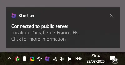 Screenshot of a Windows notification showing the player&#x27;s server is located in France