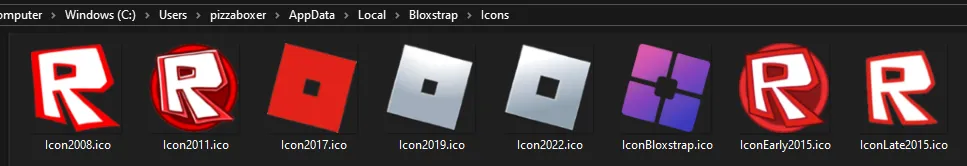 A screenshot of the Bloxstrap&#x27;s Icons folder, showing all the different Roblox icons and a Bloxstrap icon