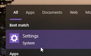 Screenshot showing 'Settings' being searched for in Windows Search
