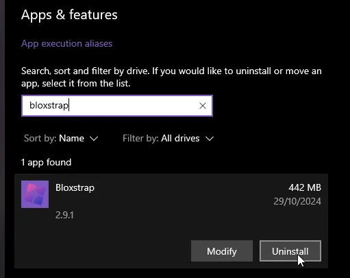 Screenshot showing Bloxstrap being searched for in the Windows Settings apps list with an uninstall button visible